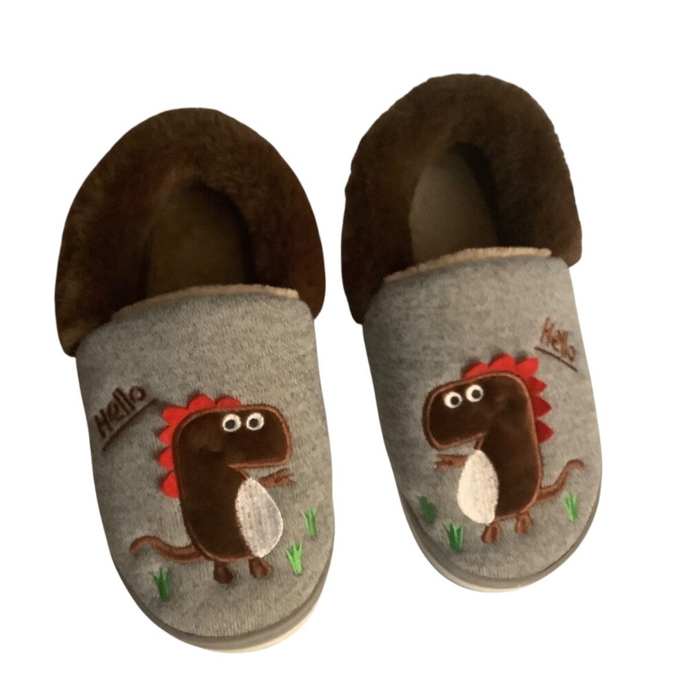 Dinosaur Kids Slippers Embroidered Design Grey & Brown‎ Size 4/5 NWOT
